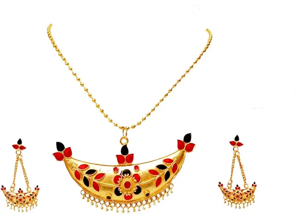 Assamese_Traditional_Gold_Plated_Red_Black_Colour_Joonbiri_Chain_Jewellery_Set_For_Women